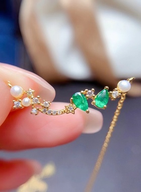 银镀黄金配钻镶嵌天然祖母绿水时尚珍珠星星月亮百搭小清新锁骨链