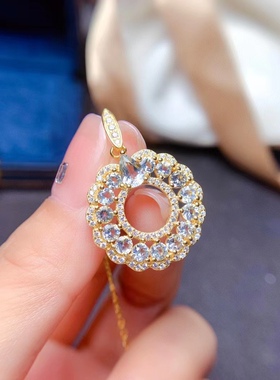 同心圆天然海蓝宝时尚日韩项链银镀黄金吊坠高净度圆3mm4*6mm