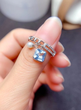 天然天空蓝托帕石银镀白金锁链珍珠时尚日韩戒指活口高净度6×6mm
