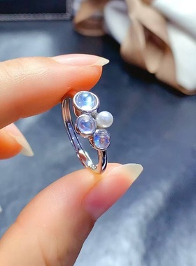 天然蓝月光珍珠戒指女小众设计感高级轻奢食指戒925银精工泡泡款