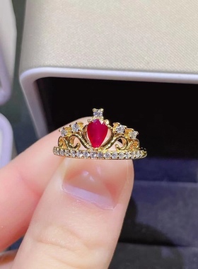 银镀黄金配钻镶嵌缅甸红宝石水滴形皇冠女神时尚潮流小清新女戒活