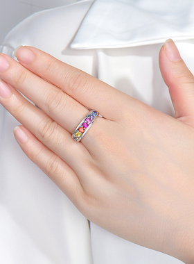 纯银欧美风时尚彩虹渐变戒指情侣
