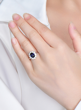 戴妃款纯银合成皇家蓝宝石戒指女