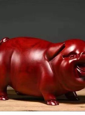 绿色实木质雕刻一对猪摆件三合十