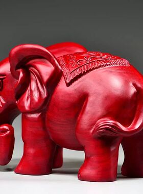 红色木雕刻吸水象摆件实木一对玄