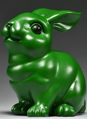 绿色实木雕刻兔子摆件三合风水十