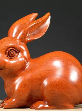 木雕兔子摆件实木质雕刻动物十二