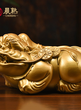 金色木雕刻貔貅摆件一对客厅玄关