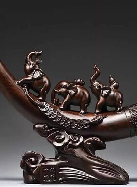 绿色木质大象吉祥三宝摆件实木中式家居客厅玄关装饰摆件乔迁礼品