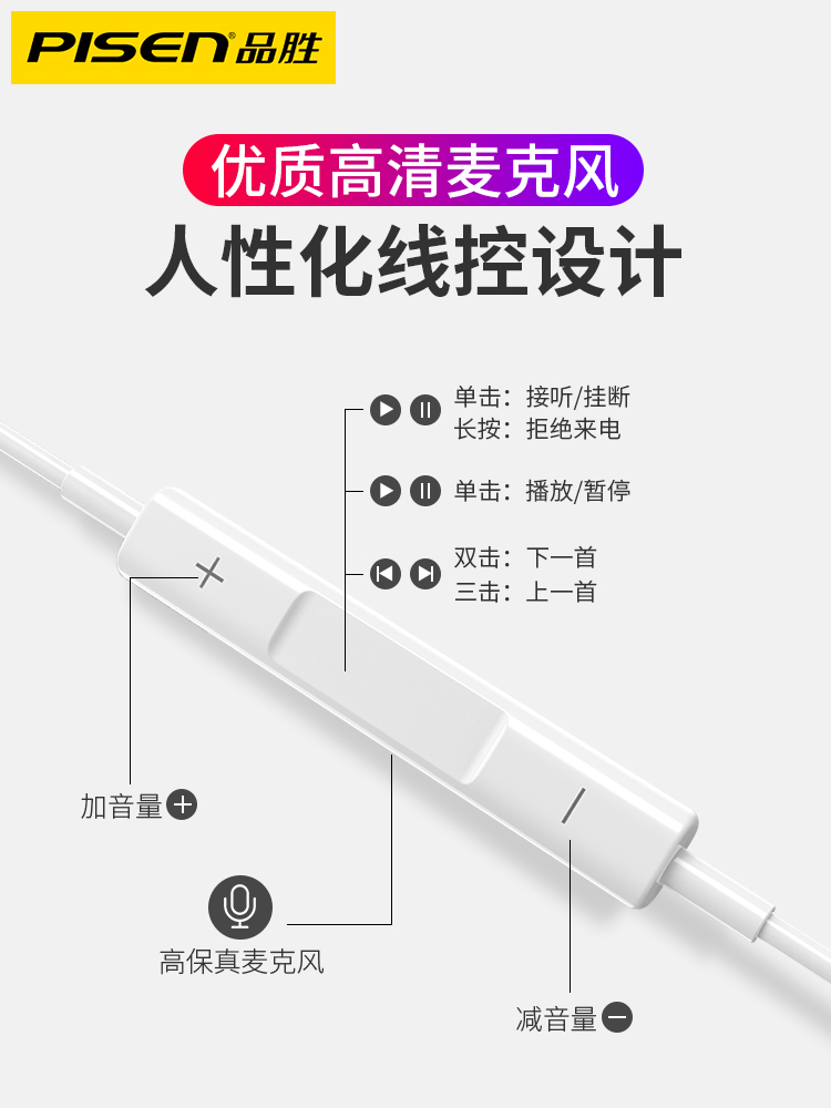 品胜有线耳机typec入耳式重低音3.5圆孔高音质适用于苹果安卓手机