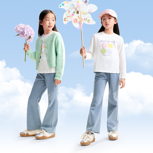 安奈儿童装女童牛仔裤2025秋新款微喇弹力裤子甜美时尚浅蓝色长裤 - 图1