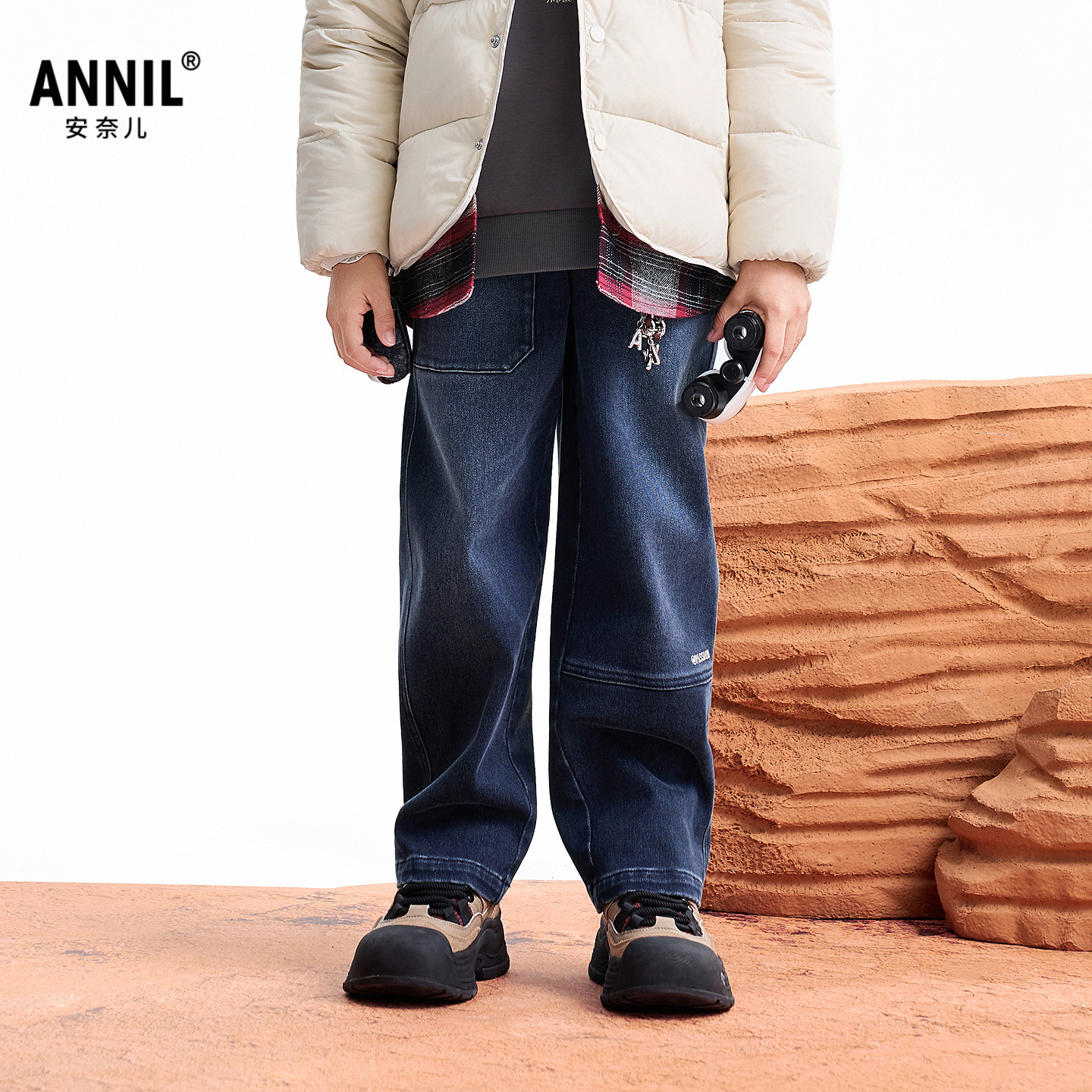 【商场同款】安奈儿童装男童牛仔长裤2025冬新款保暖弹力AB546043 - 图0