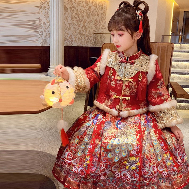 女童中国风汉服马面裙新中式新年红色套装拜年服冬装喜庆过年衣服,淘宝优惠券,粉丝福利购,淘宝优惠卷