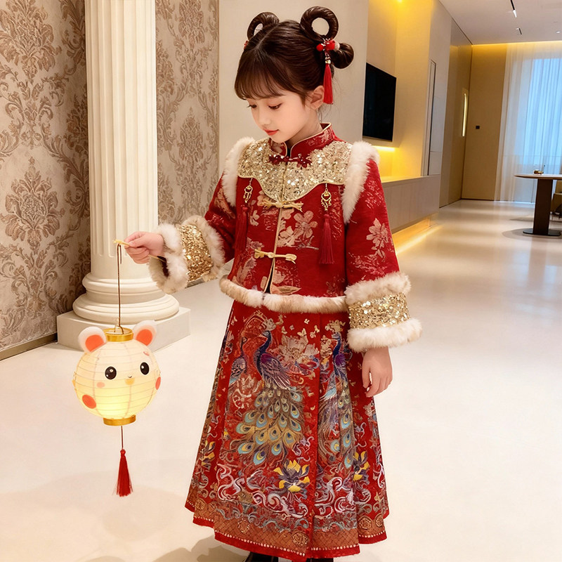 女童中国风汉服马面裙新中式新年红色套装拜年服冬装喜庆过年衣服,淘宝优惠券,粉丝福利购,淘宝优惠卷
