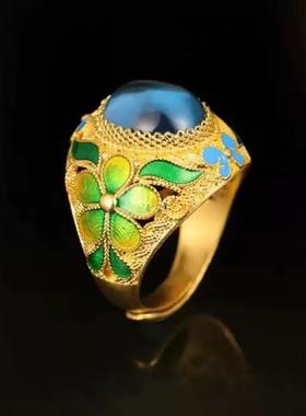 合金戒指 高颜值宫廷风金色珐琅蝶恋花戒指复古指环时尚中古