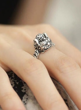 合金戒指 招财貔貅可转动戒指复古做旧高级感潮活口指环手工