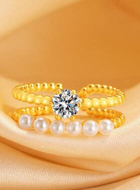 合金戒指 双圈珠珠戒指镶嵌开口可调节时尚轻奢百搭气质简约