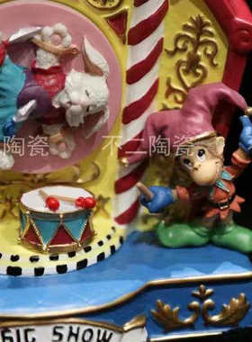 vintage精品装饰摆件美式陶瓷工艺品玩具音乐盒小丑兔子机械旋转