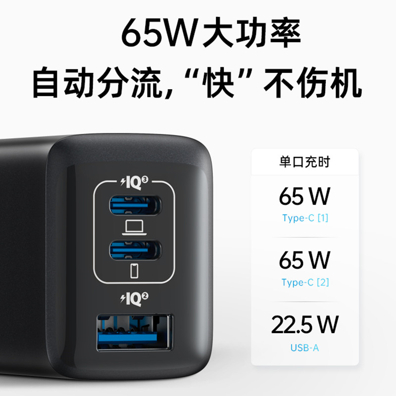 Anker安克65W氮化镓PD快充头适用于iPhone13苹果14promax安卓手机多口充电器笔记本电脑macbookpro大功率插头-图0