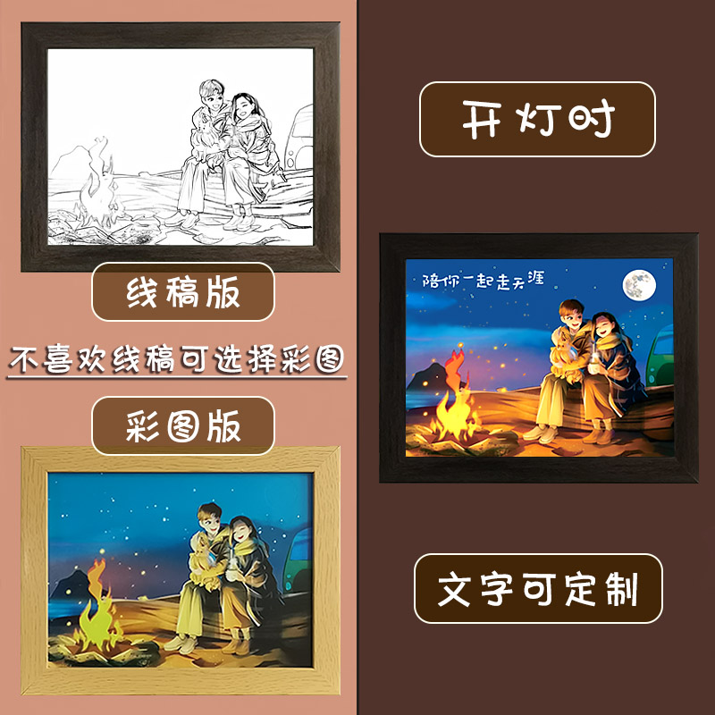 ins风 情侣装饰灯光画 表白礼物 定制素描夜灯画卧室床头夜灯摆件 - 图0