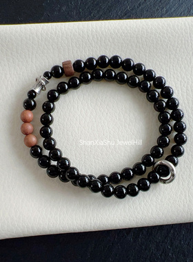 山下树 石来运转 天然黑曜石檀木银平安福情侣手串女七夕礼物男