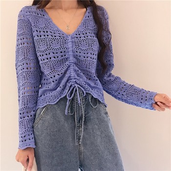 Spring Hong Kong style retro sweater women's knitted sun protection shirt mesh top drawstring hollow V-neck blouse summer ບາງ