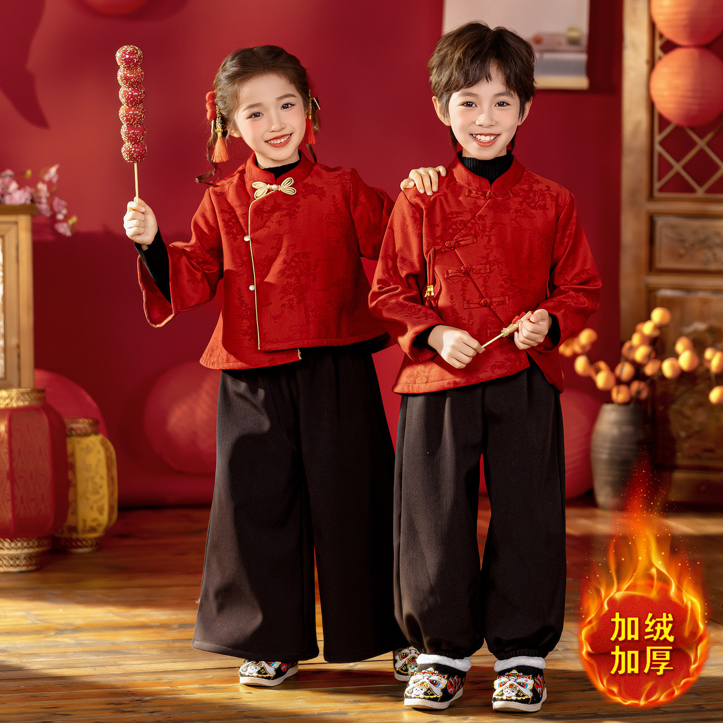 男童加绒汉服秋冬季新中式女童唐装套装中国风古装儿童元旦表演服,淘宝优惠券,粉丝福利购,淘宝优惠卷