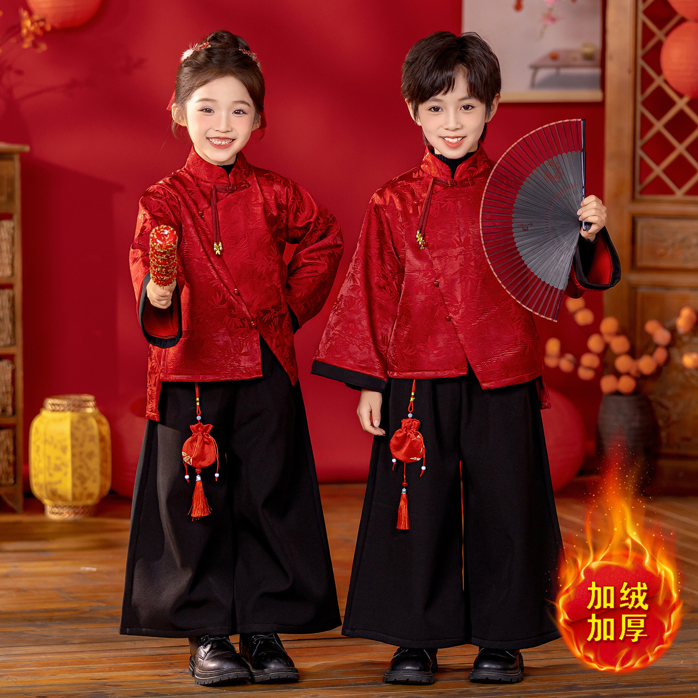 男童加绒汉服秋冬季新中式古装女童唐装套装中国风儿童元旦表演服,淘宝优惠券,粉丝福利购,淘宝优惠卷