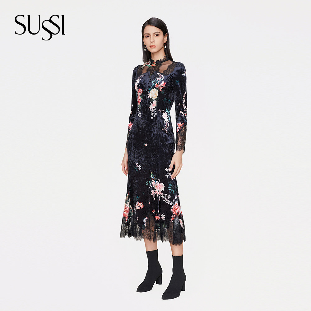 SUSSI/古色冬季新款商场同款丝绒印花蕾丝连衣裙11AV4060120,淘宝优惠券,粉丝福利购,淘宝优惠卷