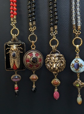 欧洲vintage中古立体浮雕蜜蜂天然石玛瑙项链复古宫廷风毛衣链女