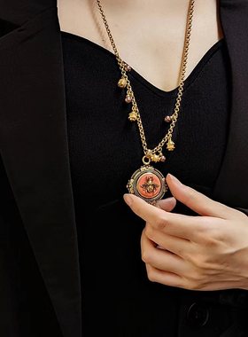 中古vintage复古宫廷风黄铜镀金昆虫蜜蜂吊坠项链长款毛衣链配饰