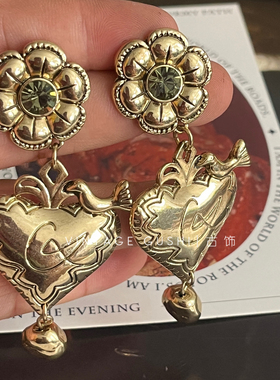 vintage中古复古做旧金属花朵爱心拉夸耳环欧美小众夸张耳钉耳饰