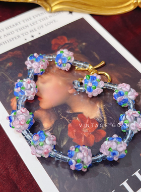 中古vintage法式小众复古手作蛋糕琉璃花朵项链手链气质锁骨链女