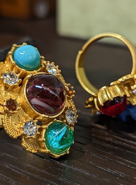 Vintage复古宫廷风彩宝琉璃项链套装小众设计24k镀金琉璃耳钉戒指