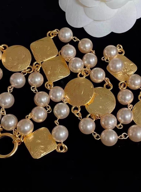 中古vintage复古小香风珍珠金币长款项链毛衣链气质宫廷风配饰女