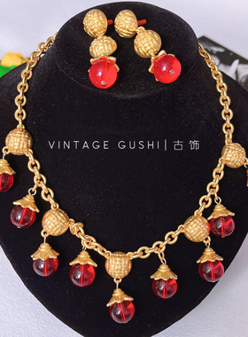 中古vintage复古宫廷风铜镀金链条琉璃流苏吊坠项链耳钉锁骨链女