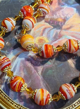 中古vintage法式复古宫廷风晕染彩色琉璃项链欧美小众锁骨链女