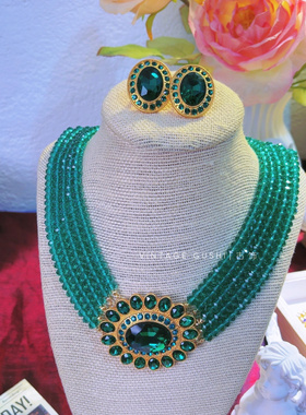 中古vintage复古宫廷风莱茵石太阳花水晶多层重工项链锁骨链耳钉