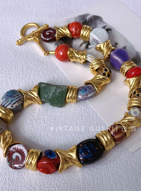 中古vintage复古铜镀金彩色天然石陶瓷拼接项链欧美小众锁骨链女
