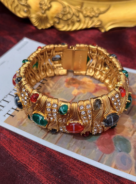 中古vintage复刻古董复古宫廷风彩色蛋面琉璃项链choker耳夹手链