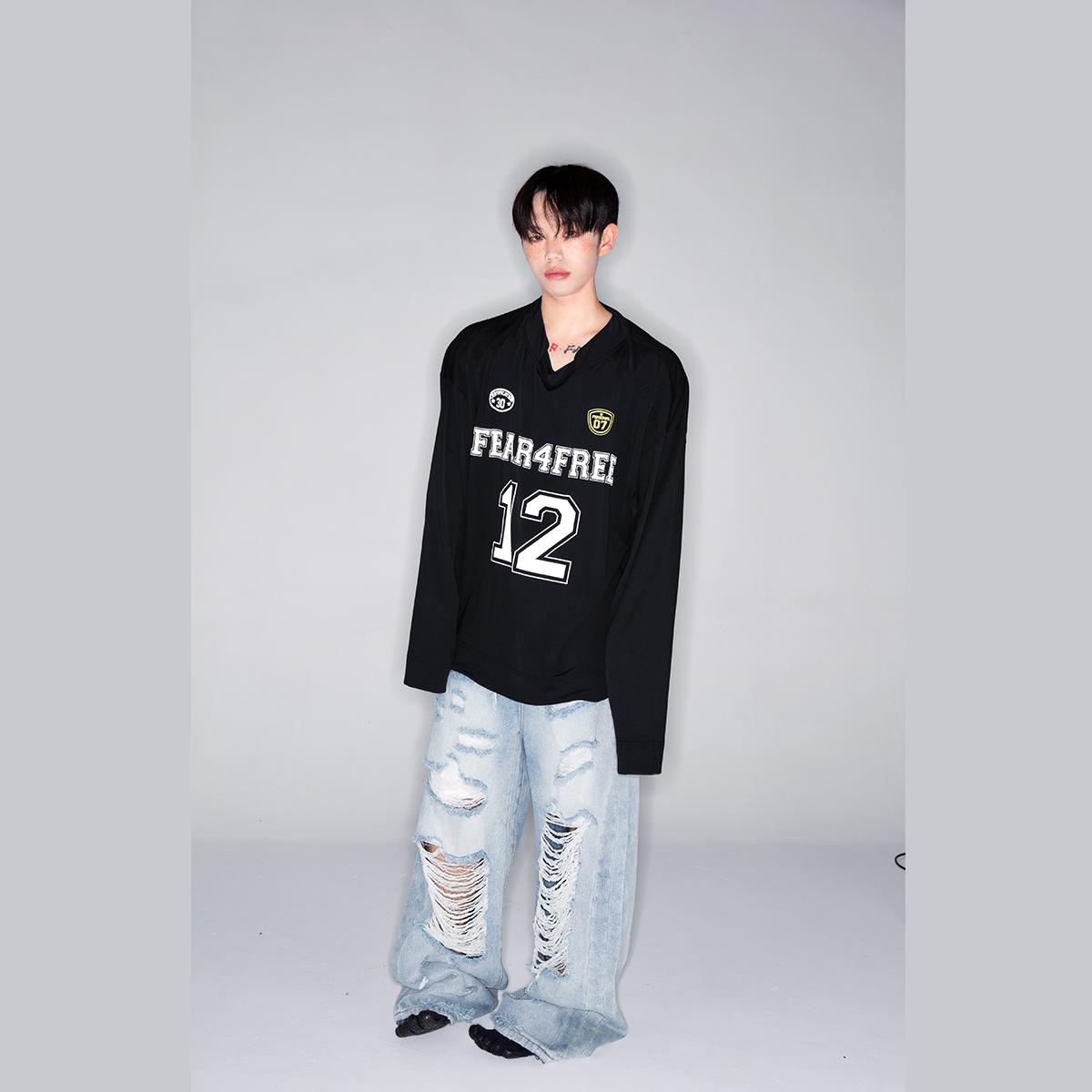 [GINGER]FEAR4FREE美式高街黑白网透球衣 街头风字母印花运动T恤 - 图3