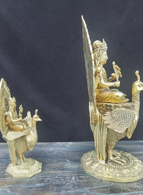 纯铜孔雀明王摆件黄铜佛母多罗菩萨孔雀大明王铜像佛堂佛像装饰品