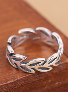 Born Free/奔放S925纯银泰银复古韩版森系女橄榄树枝叶子开口戒指