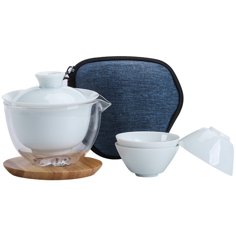 青瓷旅行茶具套装户外便携包随身收纳包陶瓷盖碗快客杯一壶三杯,淘宝优惠券,粉丝福利购,淘宝优惠卷