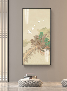 新中式竖版玄关装饰画古风水彩画