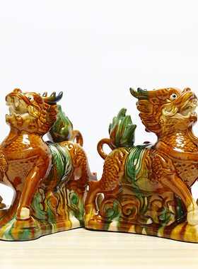 陶瓷麒麟摆件招财公母一对开镇家宅过工艺品光礼品客厅家居装饰品