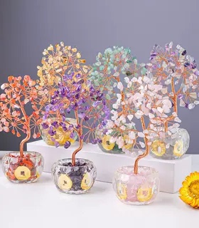 天然水晶碎石发财树聚宝盆DIY手工编织摇钱树家居办公装饰摆件