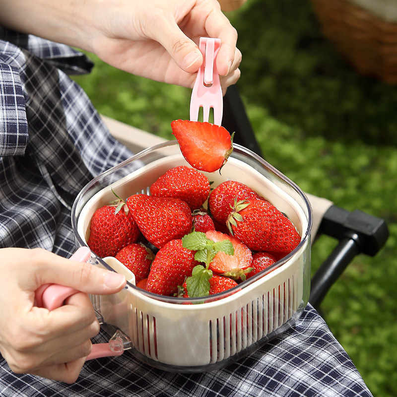 创意双层沥水水果杯带叉子外出便携式沙拉杯大容量带盖密封保鲜盒,淘宝优惠券,粉丝福利购,淘宝优惠卷