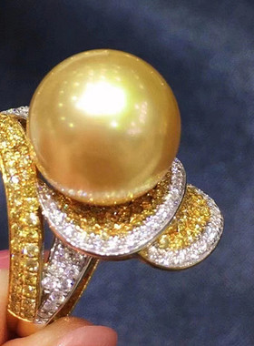 母贝茶金色珍珠纯银满镶锆石戒指