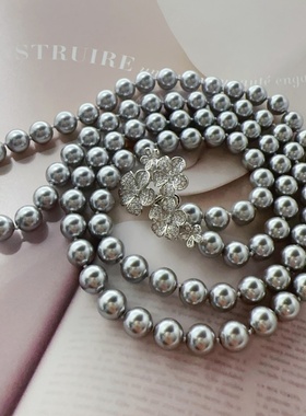 母贝仿珍珠真多麻灰色系正圆强光花式毛衣链一款多戴轻奢时尚气质